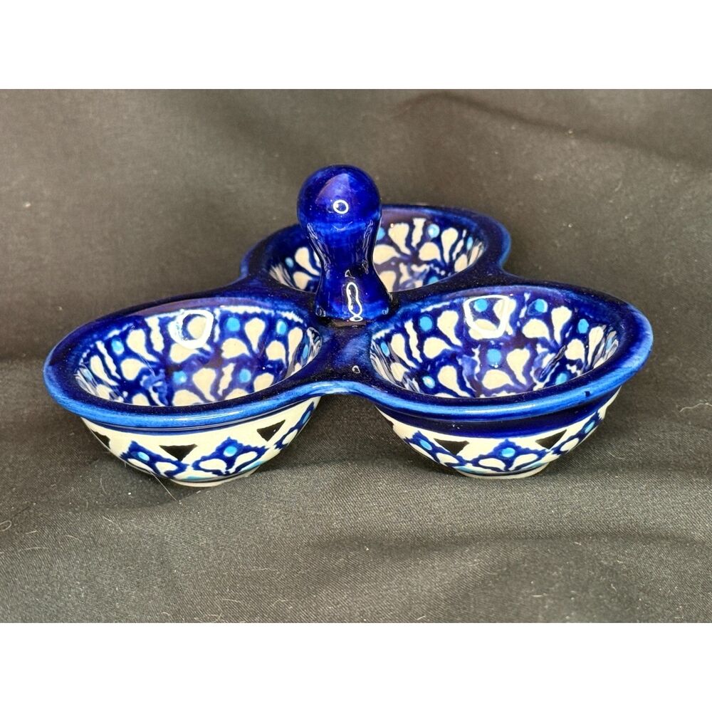 Blue White Polish Pottery Style Triple Condiment Dish